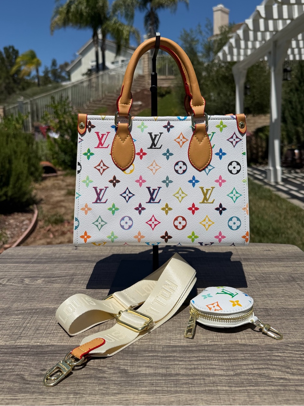 NEW LV Print White Multicolor Rainbow Onthego Monogram Bag & Coin Purse